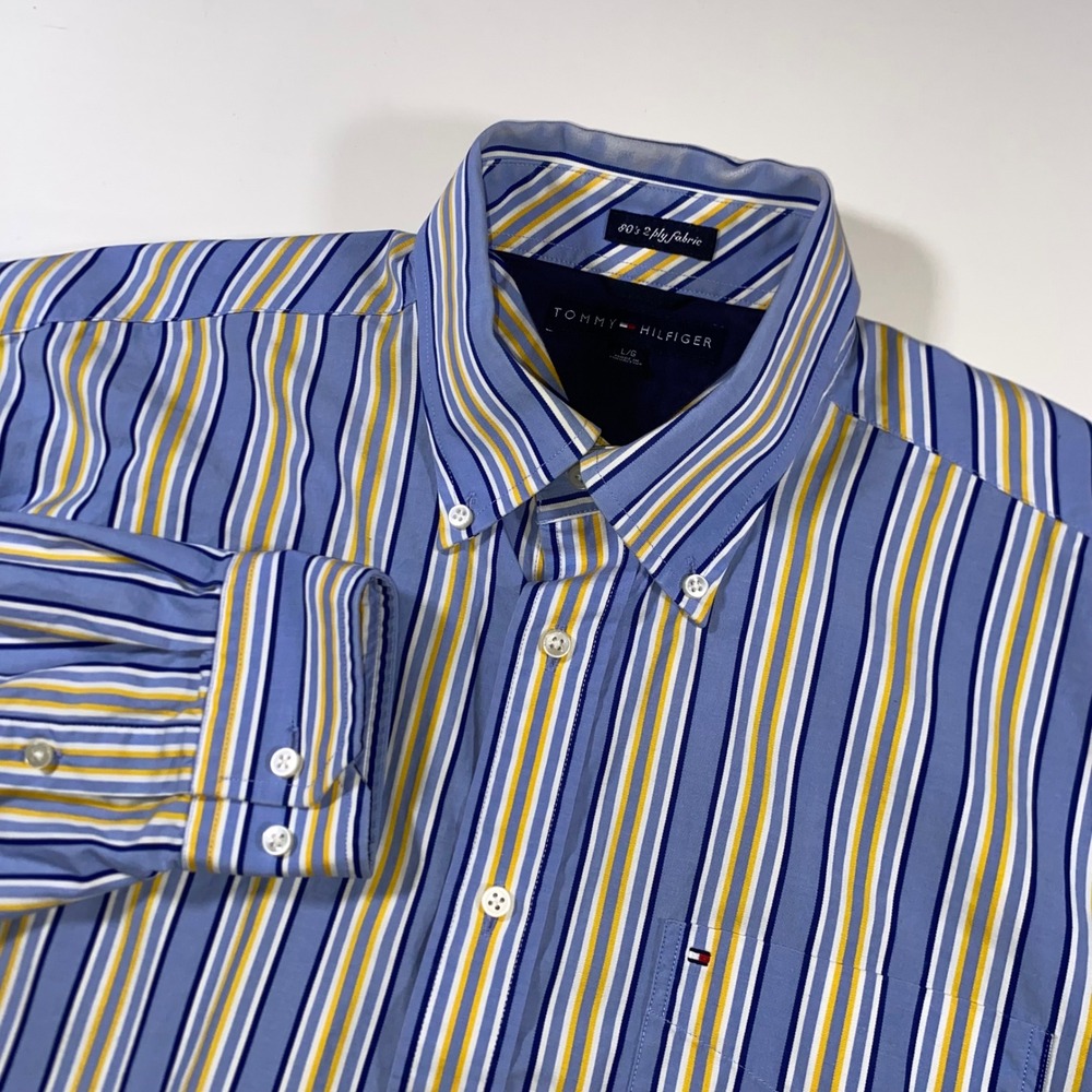 Tommy Hilfiger Mens Blue Yellow Striped 80s 2 Ply Button Down Shirt Size L‎